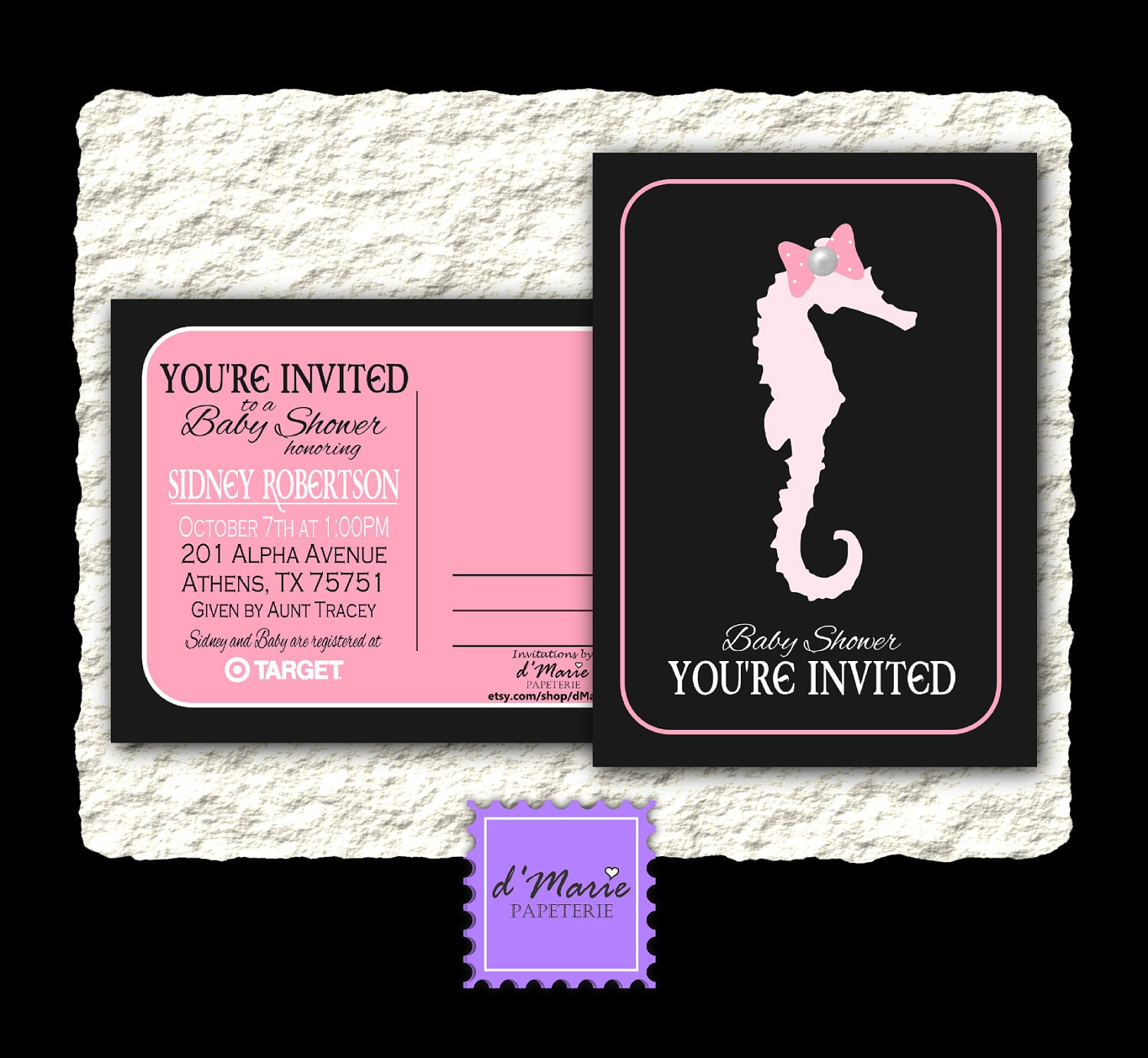 50 Printed Pink Seahorse Baby Shower Postcard Invitations