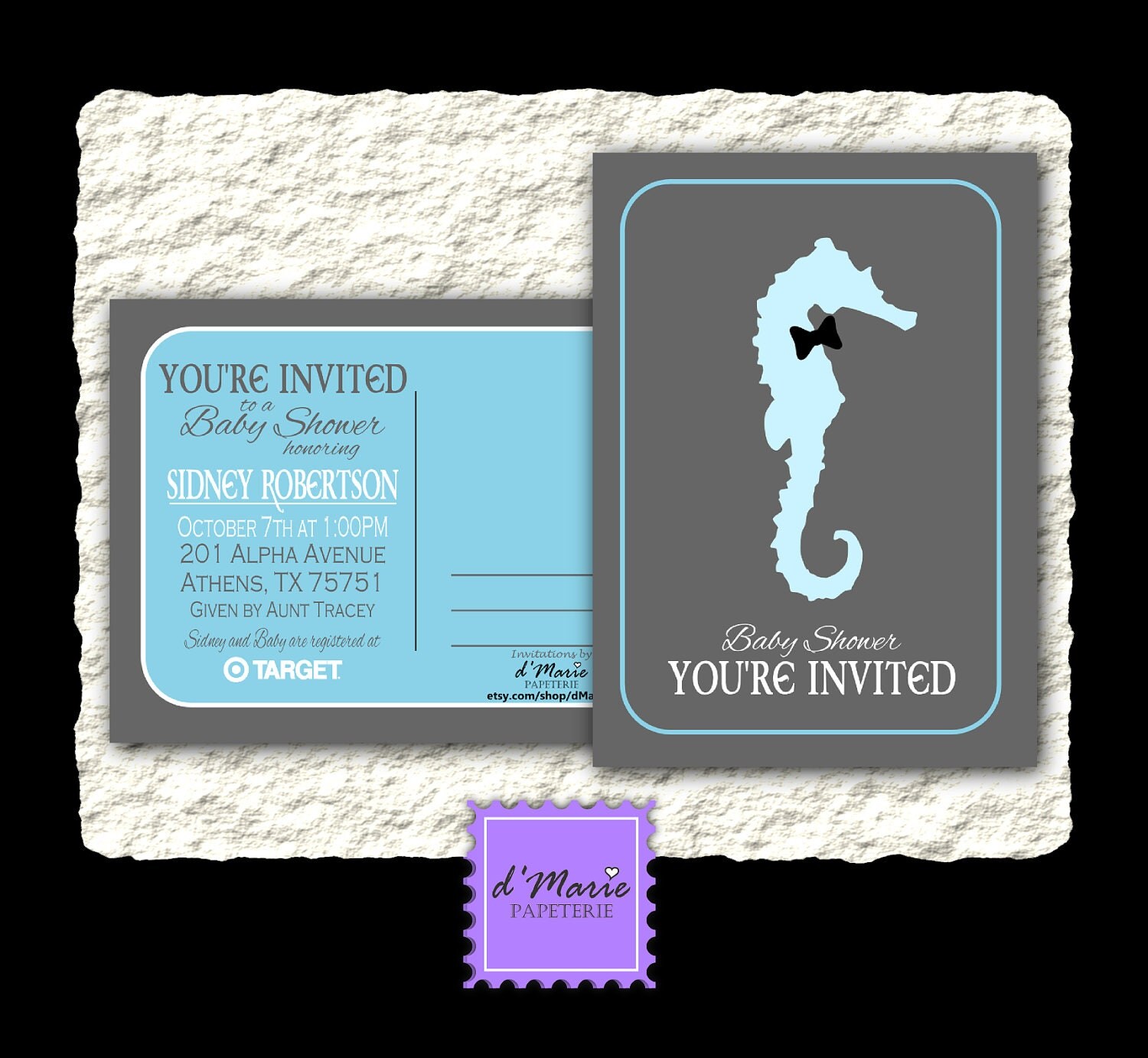 50 Printed Blue Seahorse Baby Shower Postcard Invitations