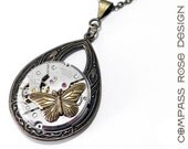 Steampunk Jewelry Pendant Victorian Revival Butterfly Mechanical Watch Movement Necklace on Brass Teardrop Pendant