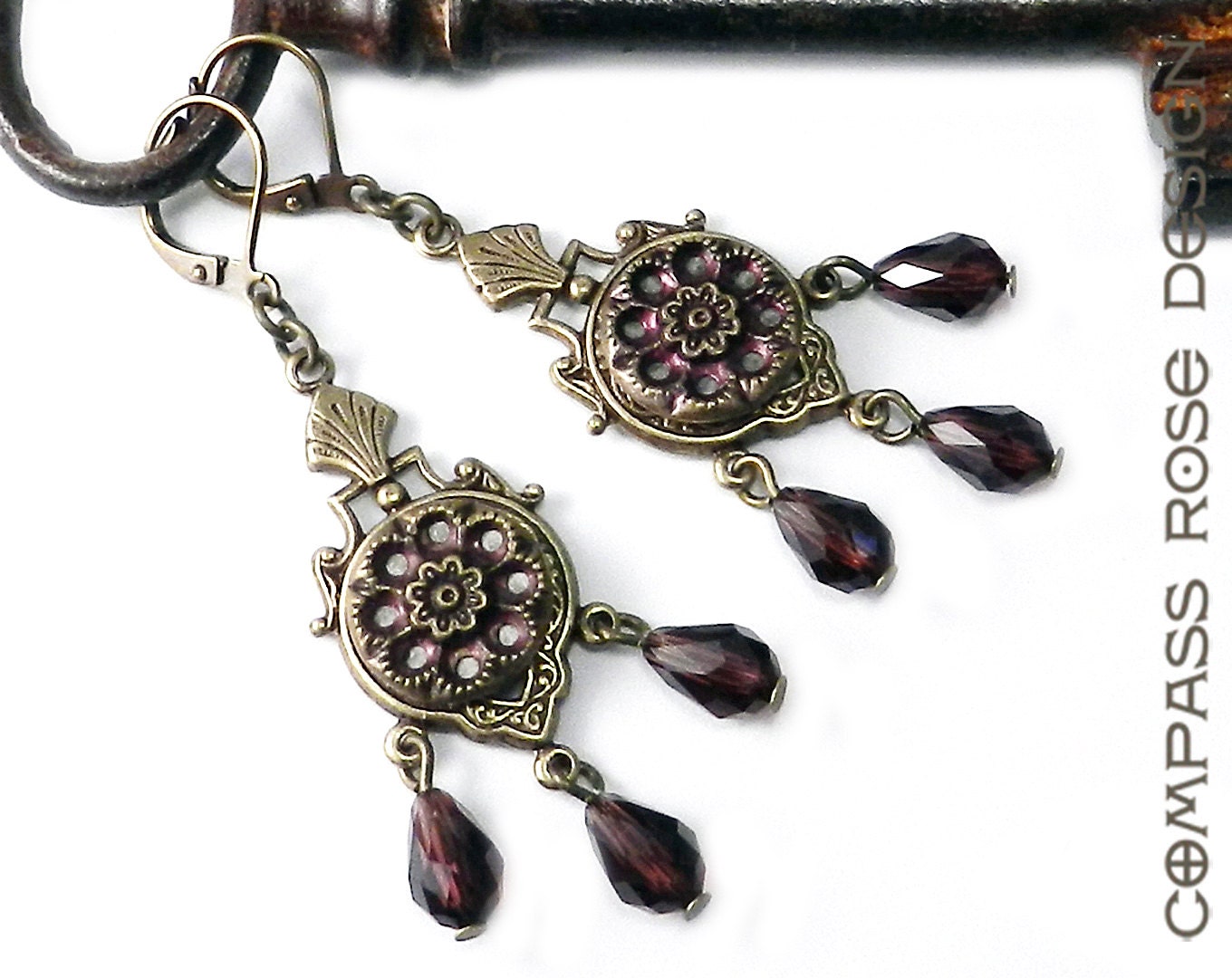Victorian Button Earrings Antique Burgundy Openwork Flower Triple Drop Buttons Earring Handmade by Compass Rose Design