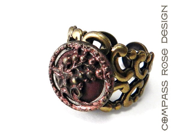 Victorian Button Ring - Antique Button Ring - Burgundy Plum Blossoming Flowers on Brass Handmade by Compass Rose Design