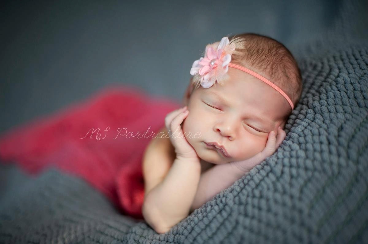 Baby Headband Photo Prop, Newborn Flower Headband, Baby Feather Headband, Baby Girl Photo Prop, Coral Peachy Pink, Newborn Baby Girl