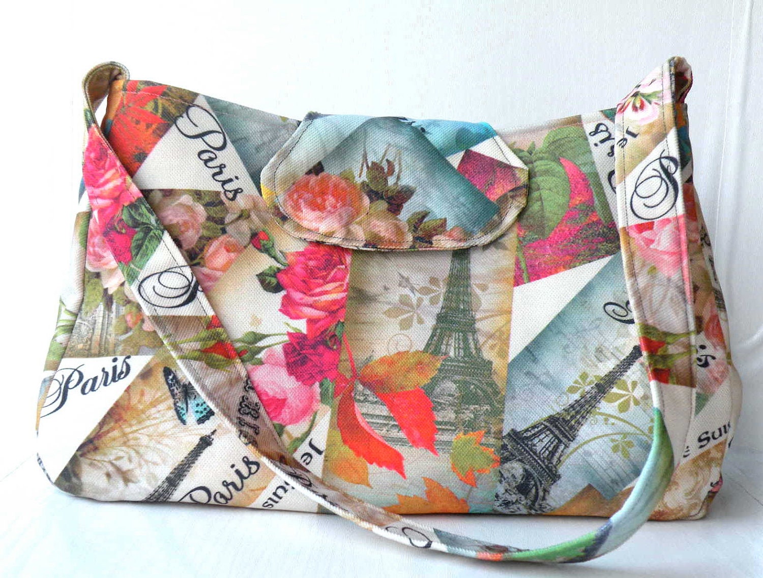 OOAK Paris Eiffel Tower and vintage flowers patchwork pattern Messenger bag,shoulder bag,hobo bag