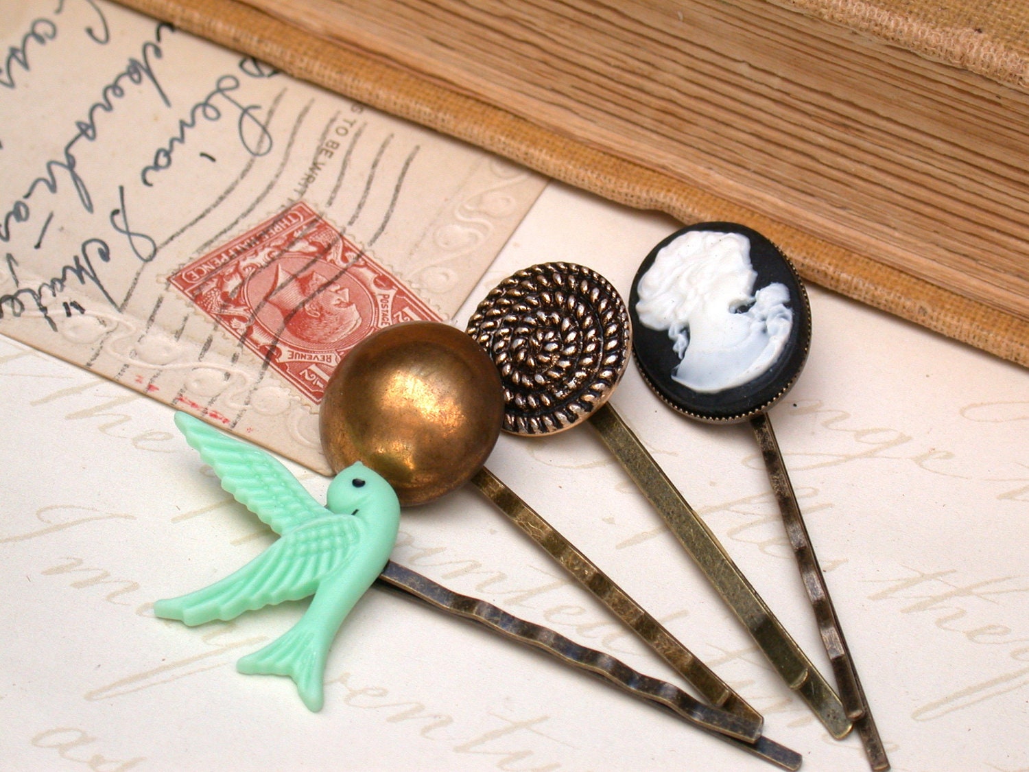 A Touch of Vintage  - A Set of 4 Fabulous Vintage Items and Buttons Hair Bobby Pins