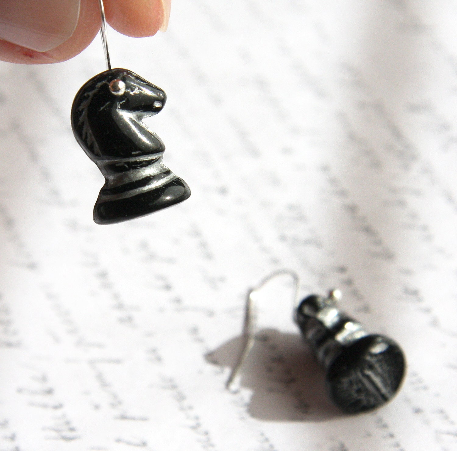 Black and Silver Chess Horse Earrings - Sterling Dangle Earrings - Chess Piece - TAGT - KapKaDesign