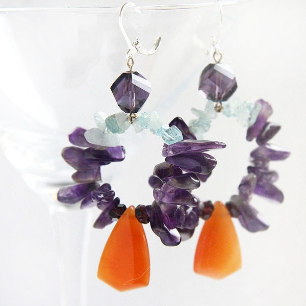 Jewelry Earrings, Luxe Jewelry, Gift for Her, Accessories, Carnelian Aquamarine Amethyst Earrings Purple Orange Gemstones, Sterling Silver