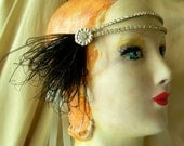 eleanor - flapper headband of vintage rhinestones, vintage rhinestone button and black feathers- made to order