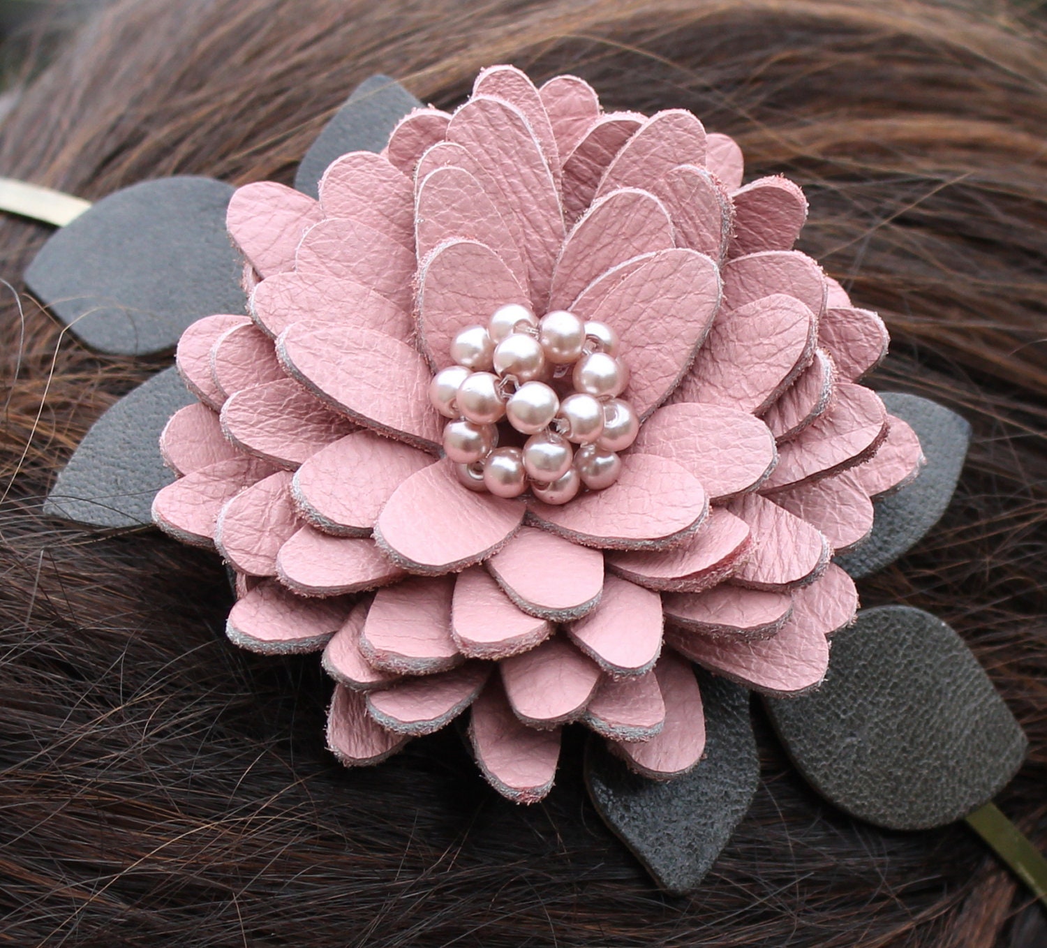 Mauve flower headband fascinator leather daisy green leaves beaded pearl center  woodland wedding bridal hairpiece