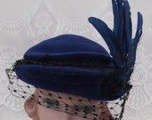 Vintage 1950s Hat Blue Imported Velour Italy Feathers Veil Royce Exclusive