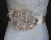 Wedding bridal sash belt, Vintage burlap rustic sash, Beige Nude Tan Champagne Ivory 2 flower romantic - ribbon belt dress sash lace pearl
