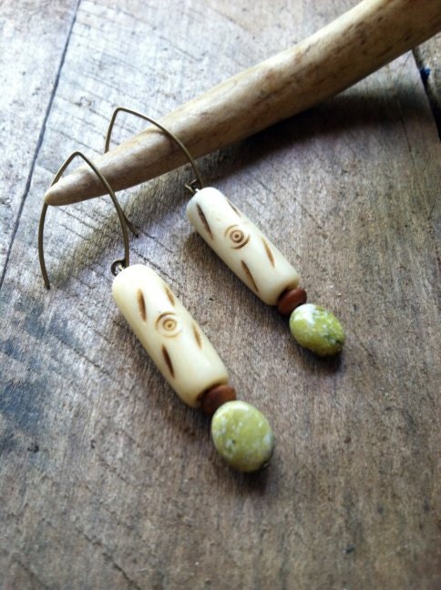 Antique African Bone Beads, Wooden Beads, Yellow Turquoise Gemstones Antique Brass Earrings - FiberBungalow