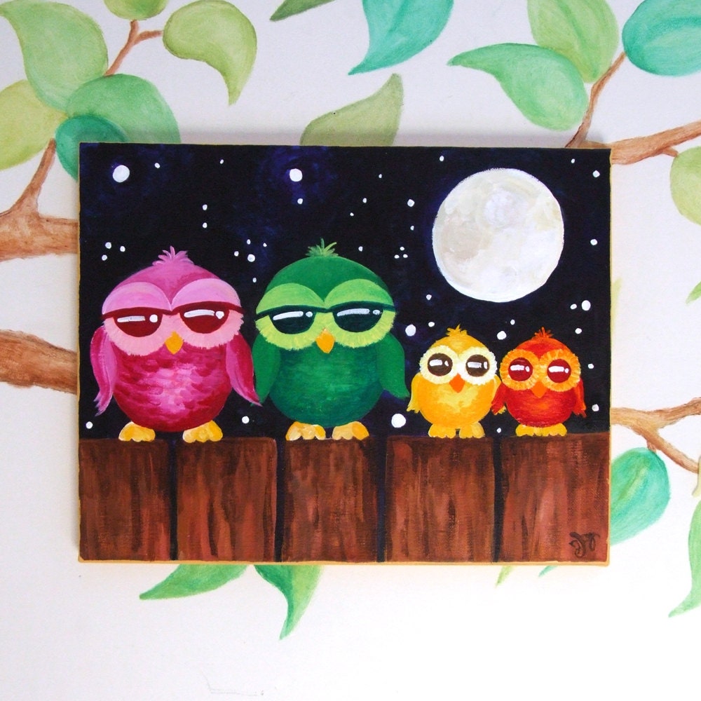Childrens Wall Art, OWLS ON A FENCE, 14x11, Whimsical Owl Art for Nursery