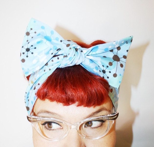 Bow hair tie, Vintage Inspired Head Scarf, Science, Powder Blue, Retro