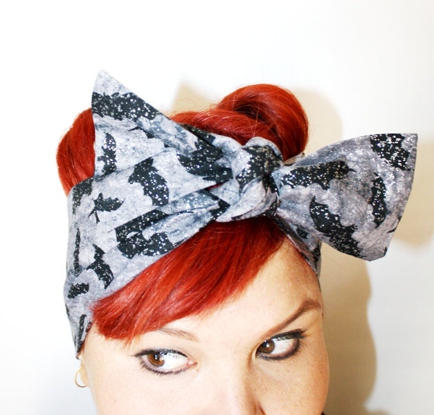 Bow style, Vintage Inspired Head Scarf, Sparkle Bats, Rockabilly, psychobilly, retro, vintage inspired