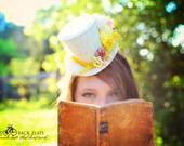 Tea party top hat, mini alice in wonderland hat, English garden hair piece headband, tea hat, derby hat, hat box included: LIMITED EDITION