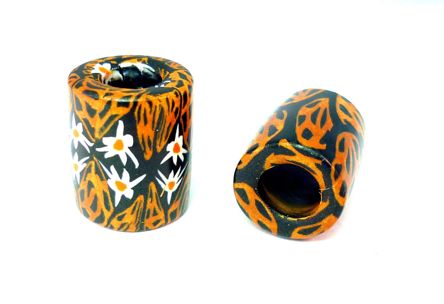 Leopard Daisy Dreadlock Dread Bead Set of 2  Beads Polymer Clay Animal Print Gold Black