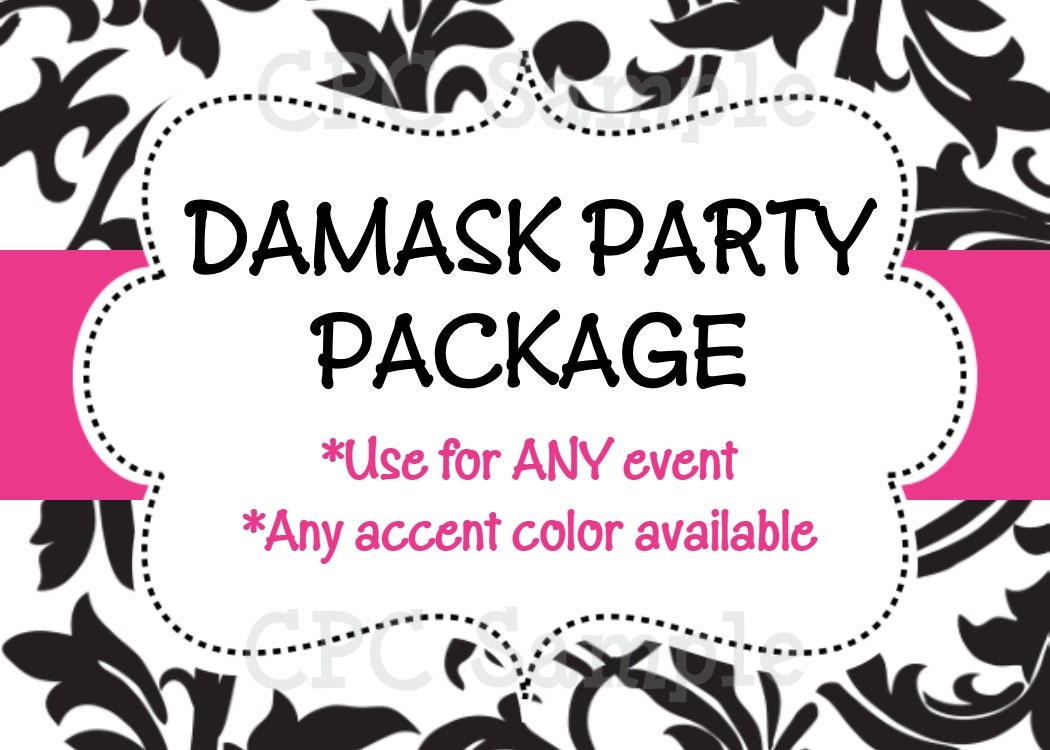 Black and White Damask Invitation, Party Package, USE for ANY EVENT, Includes Invites, Thank Yous, Decorations, Printable