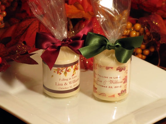 personalized AUTUMN FALL wedding candle votive favors - with SATIN ribbon