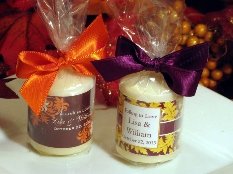personalized AUTUMN FALL wedding candle votive favors - with SATIN ribbon
