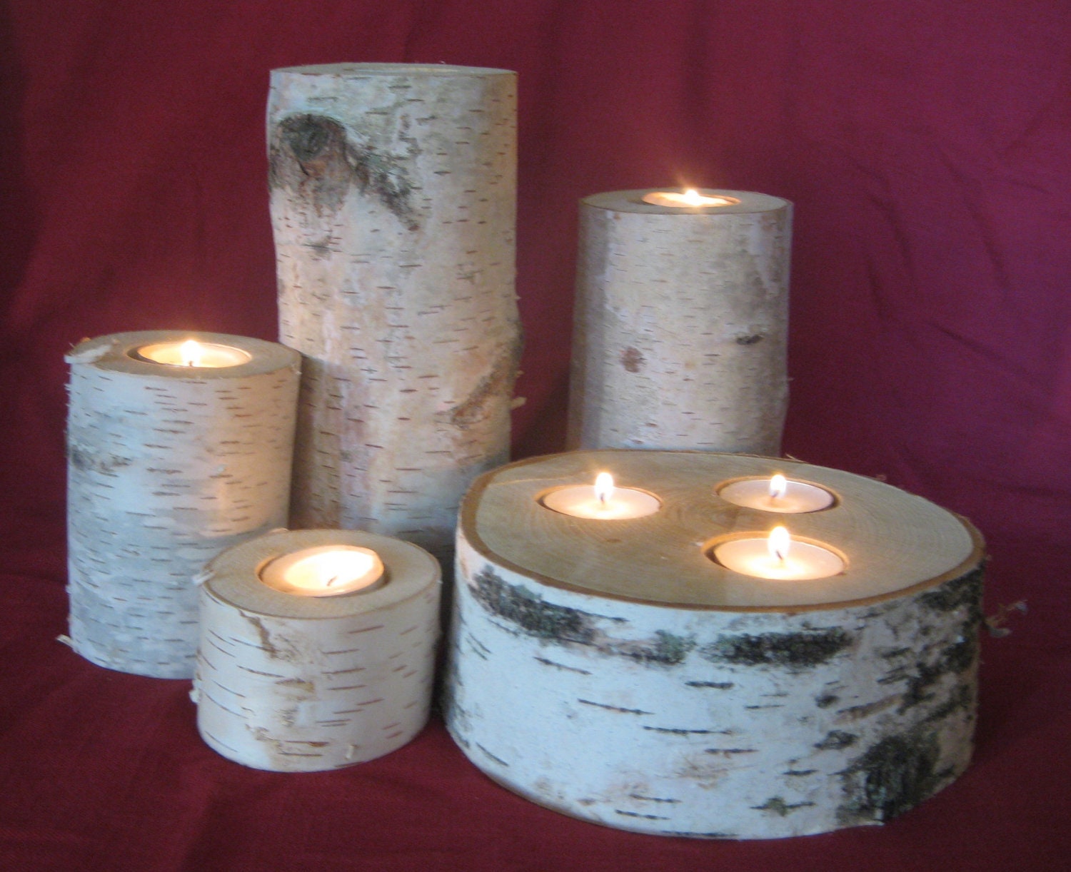 5 Beautiful Birch CANDLE HOLDERS   - 8",6",4",2.5",2"  Tall Home Decor Wedding Centerpieces, Bridal Shower,Christmas, Garden Party