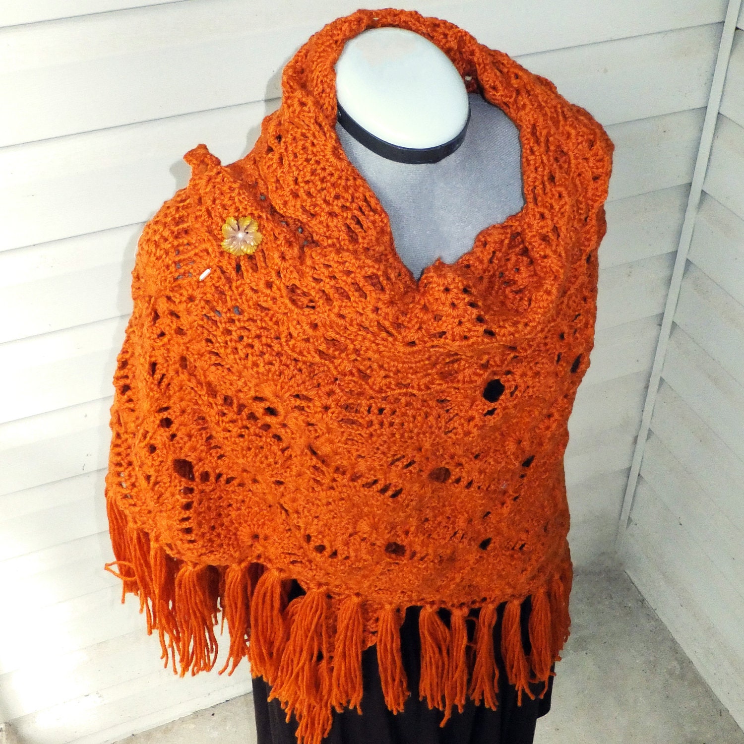 Autumn Shawl - Wool Crochet Pineapple with fringe