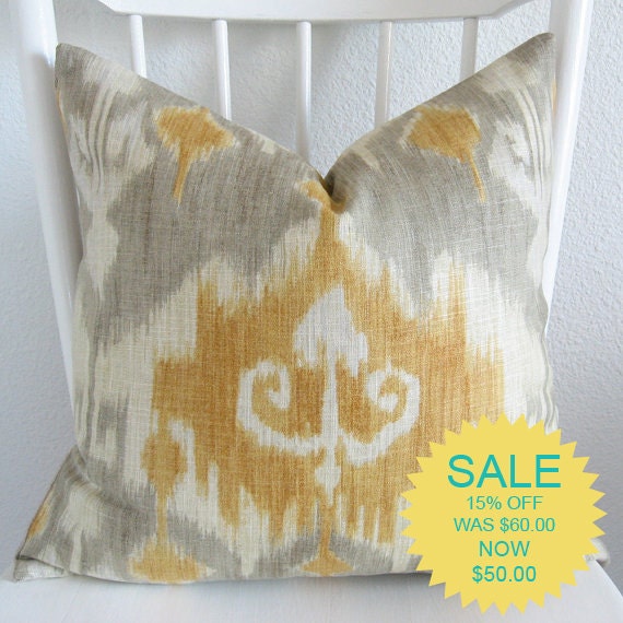 Decorative pillow cover - Throw pillow - Ikat pillow - 20x20 - Modesto Chamon Ikat - Yellow - Gray - Linen - Designer fabric