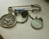 Brass kilt pin brooch with Czech glass, denim, resin - Time. OOAK jewelry for her. MADE to ORDER