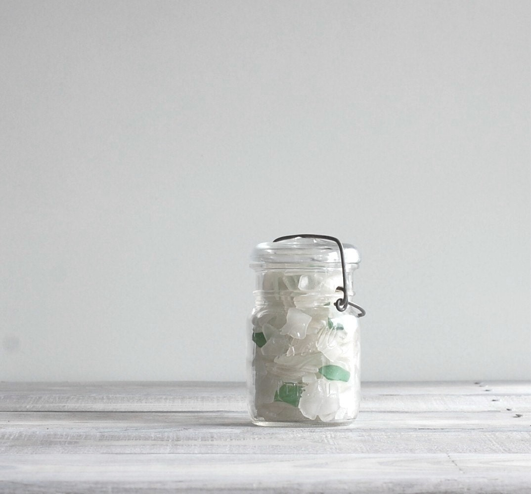 Vintage Canning Jar with Beach Glass Collection / White and Green