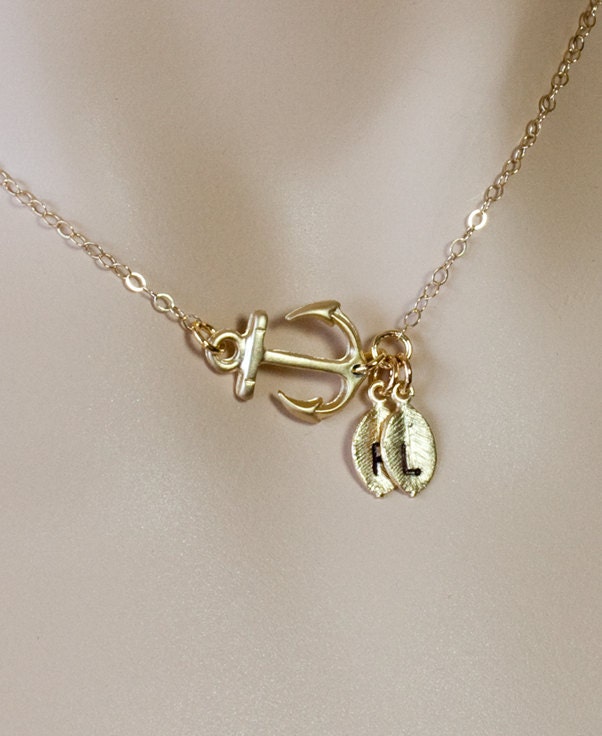 Gold Anchor Necklace, Personalized Jewelry. Initial Jewelry. Sideways Anchor. Marine, Strength, Love, Together