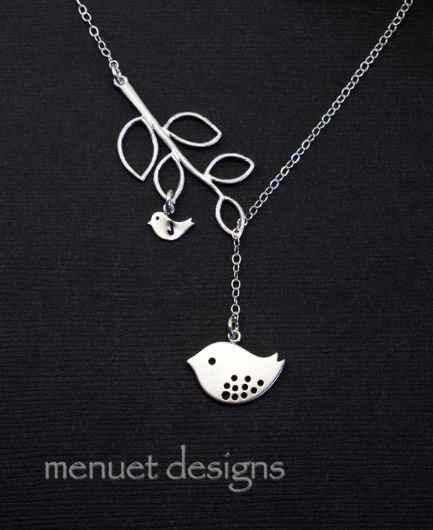 Silver Mama Bird Necklace with Baby Bird. Silver Branch. Family Tree Jewelry. Personalized Jewelry.Best friend, Wife, Mother