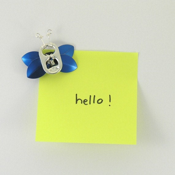 pop tab fridge magnet - blue butterfly, wire wrapped - sale 25% off