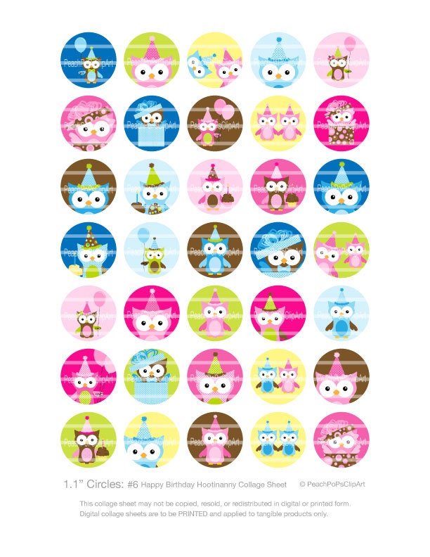 bottlecap images digital collage sheet - Happy Birthday Hootinanny owls - JPG - 1 in - INSTANT Download