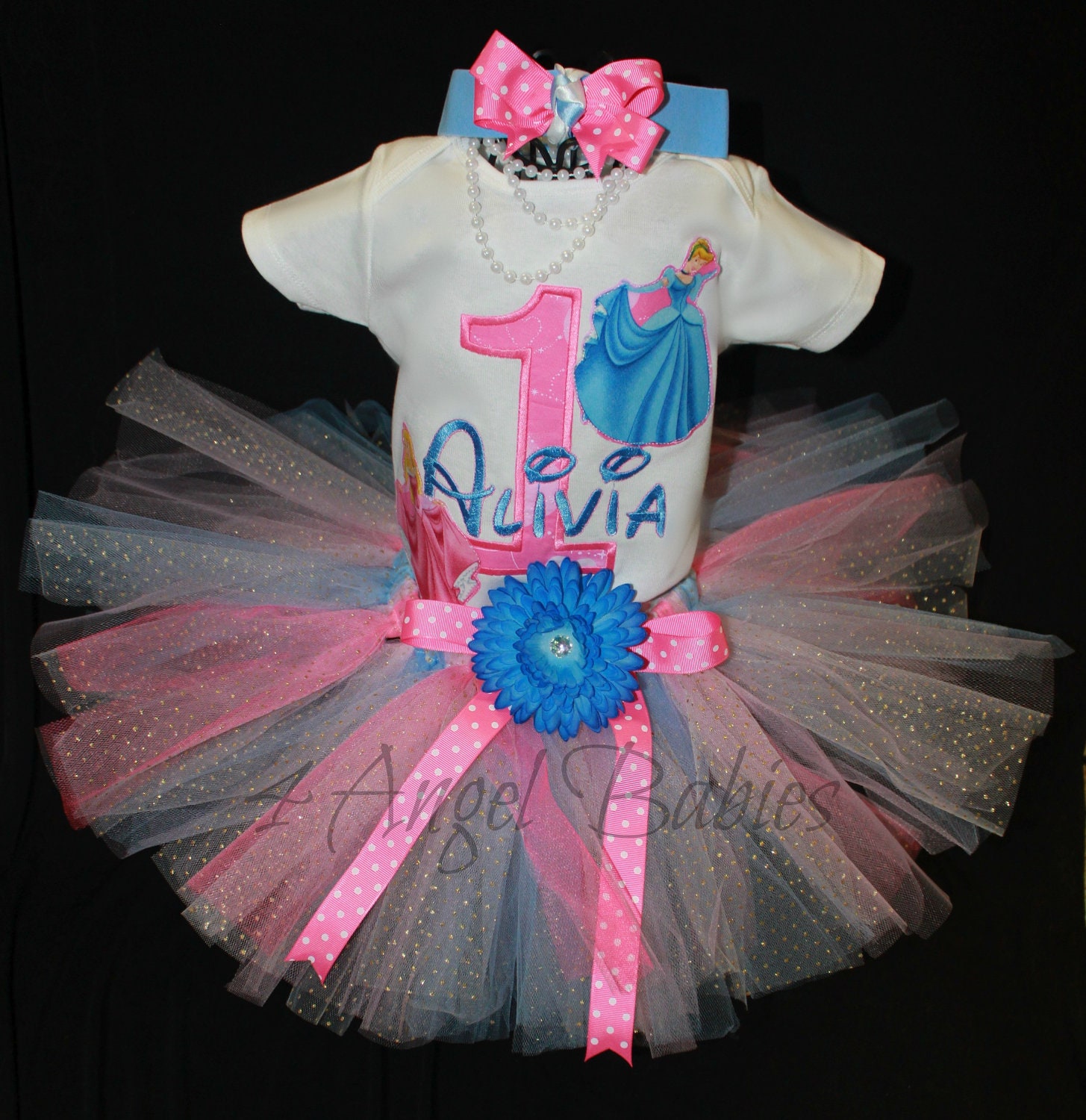 Disney Princess AURORA Sleeping Beauty and CINDERELLA Inspired Pink & Blue Girls First Birthday Top with Name up to 6x