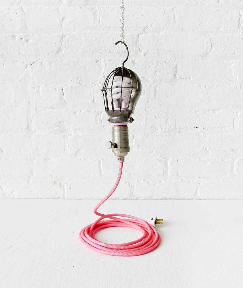 15% SALE - Vintage Trouble Cage Light - Pretty In Industrial Pink Lamp w/ Neon Pink Net Color Cord