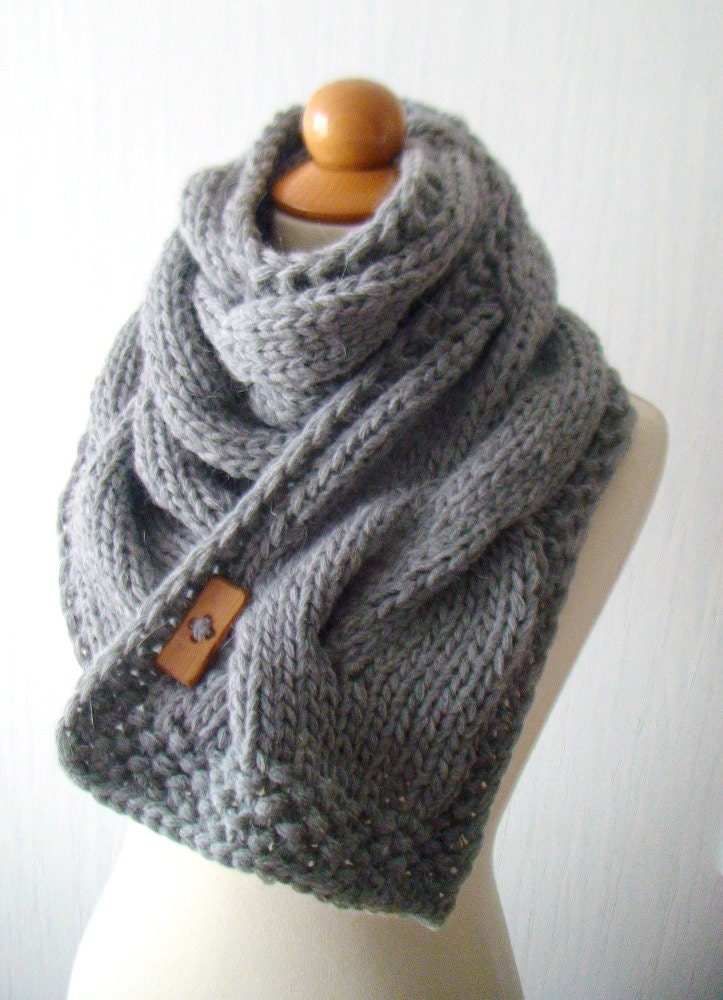 Scarf  Chunky Cowl Grey Thick Cabled Hand Knit