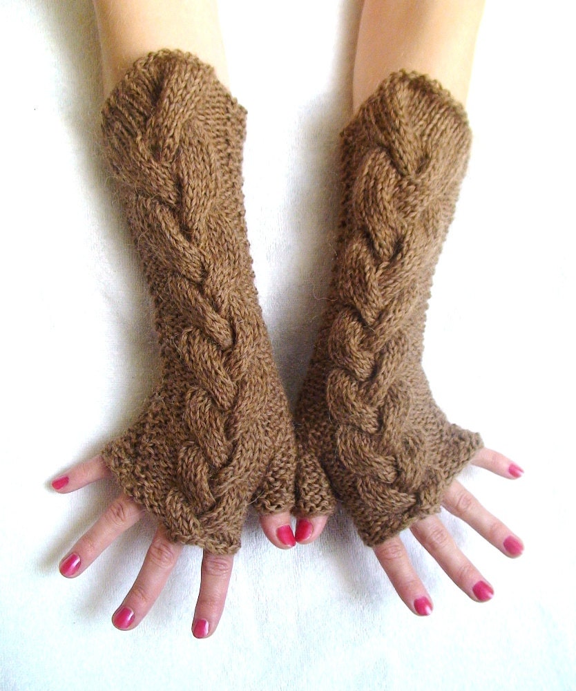 Fingerless Gloves Long Cabled Brown Wrist Warmers by