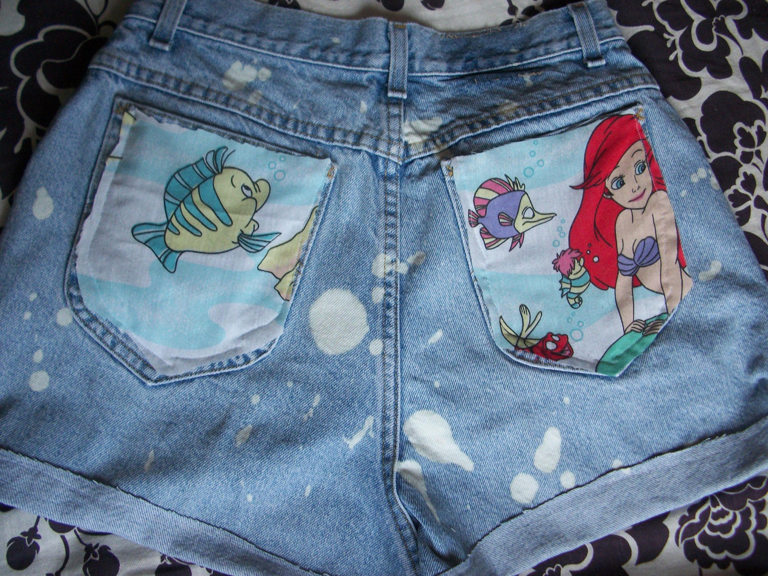 Vintage Little Mermaid Ariel Disney High Waisted Acid Wash Disneyland Birthday Partybirg Destroyed Denim Jean Shorts