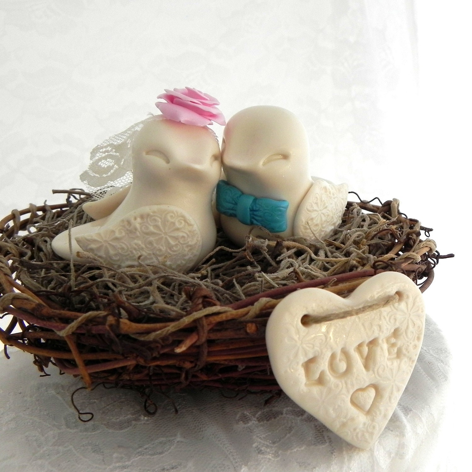 Love Bird Wedding Cake Topper - Ivory, Pink and Turquoise Love Birds,  Personalized Heart - Bride and Groom Keepsake
