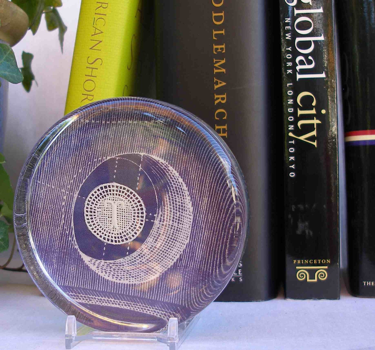 T monogram paperweight with vintage embroidery, gift, modern and traditional combined, office co-worker gift, gift for boss