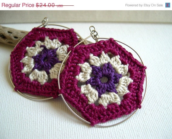 Retro Fashion Fuchsia Beige Purple Earrings - Crochet Earrings - Lace Earrings - Summer Collection 2013 - Girlfriend gift idea