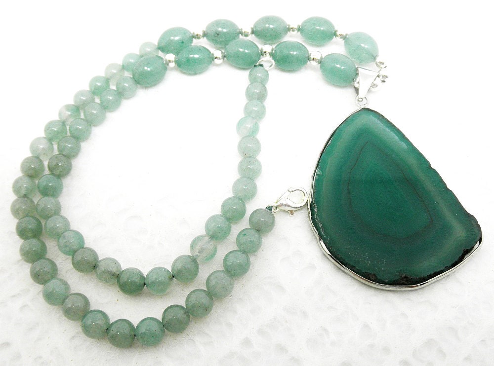 Green Striped Agate Pendant on a Green Aventurine Necklace