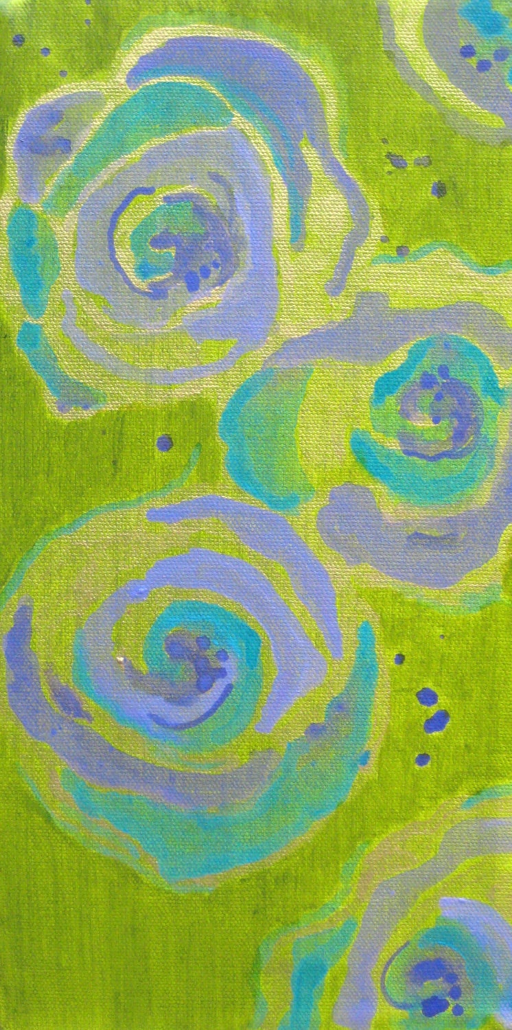 FLOWERS painting original abstract - 6"x12" green purple turquoise gold painting by devikasart