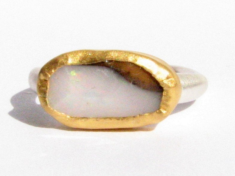 Natural Rough Ethiopian Opal Ring - 24k Solid gold and Silver Ring - Gemstone Ring.