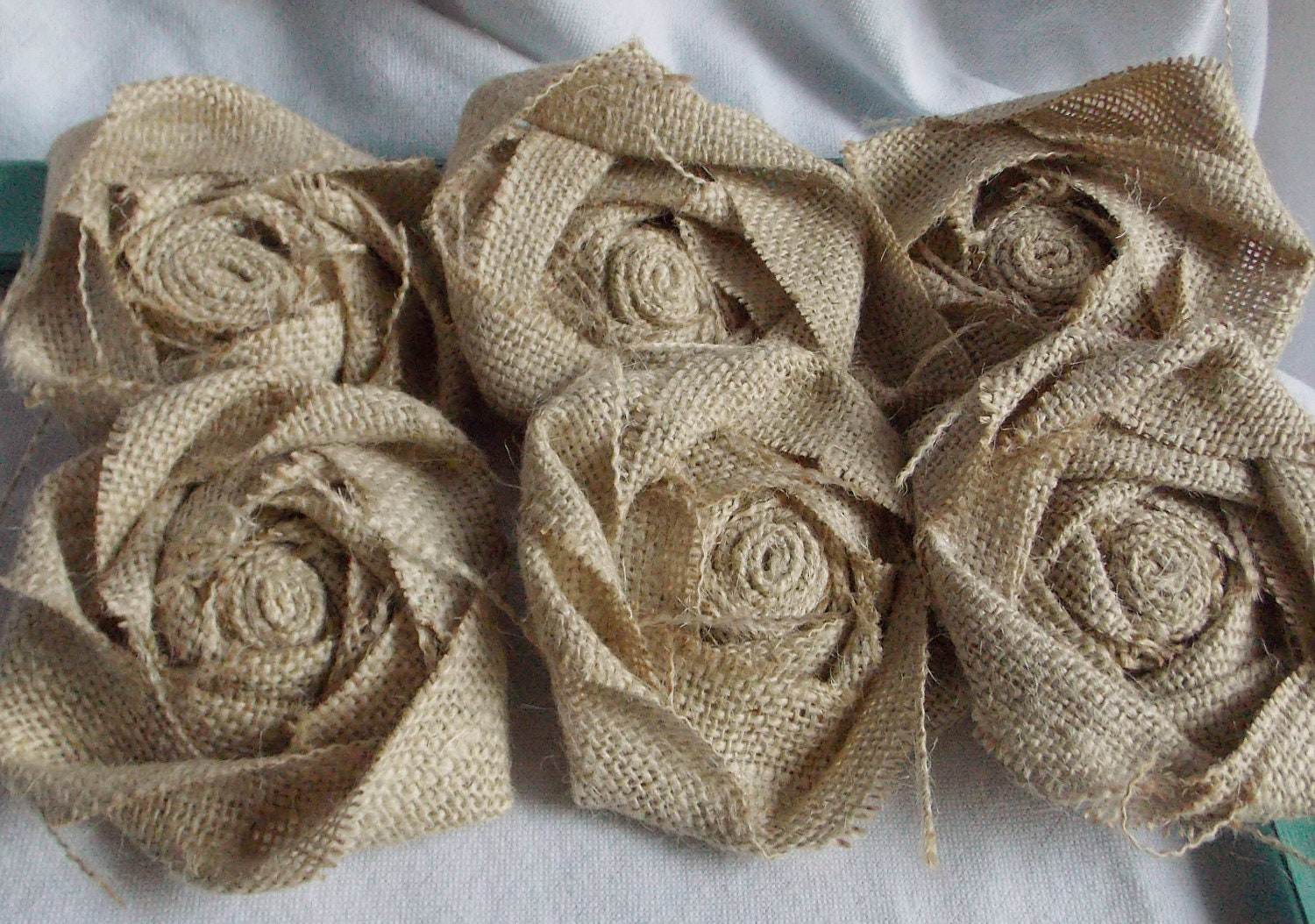 Burlap Flowers Burlap Rosettes Rustic Shabby Chic Wedding Decor Set of 6