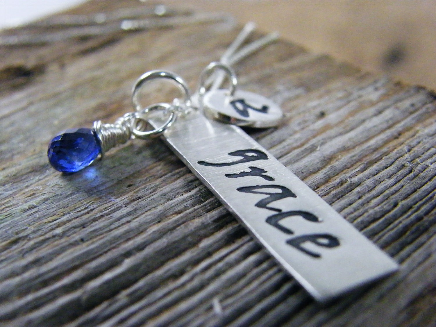 grace pendant hand stamped sterling silver necklace with personalized inital tag