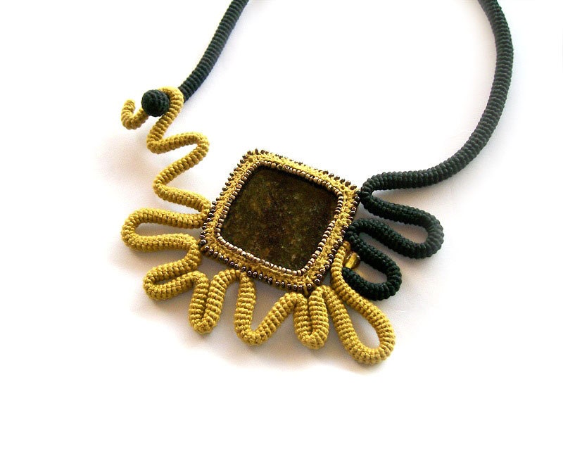 Crochet Necklace Granite Square - Mustard Yellow Black - Abstract Sunflower - gift for her under 50 - vanessahandmade