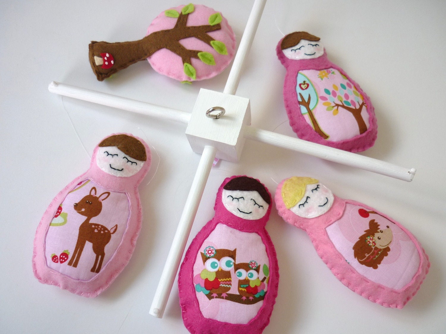 Woodland Matryoshka Baby Mobile -  Cot Mobile in Pinks - Custom Order
