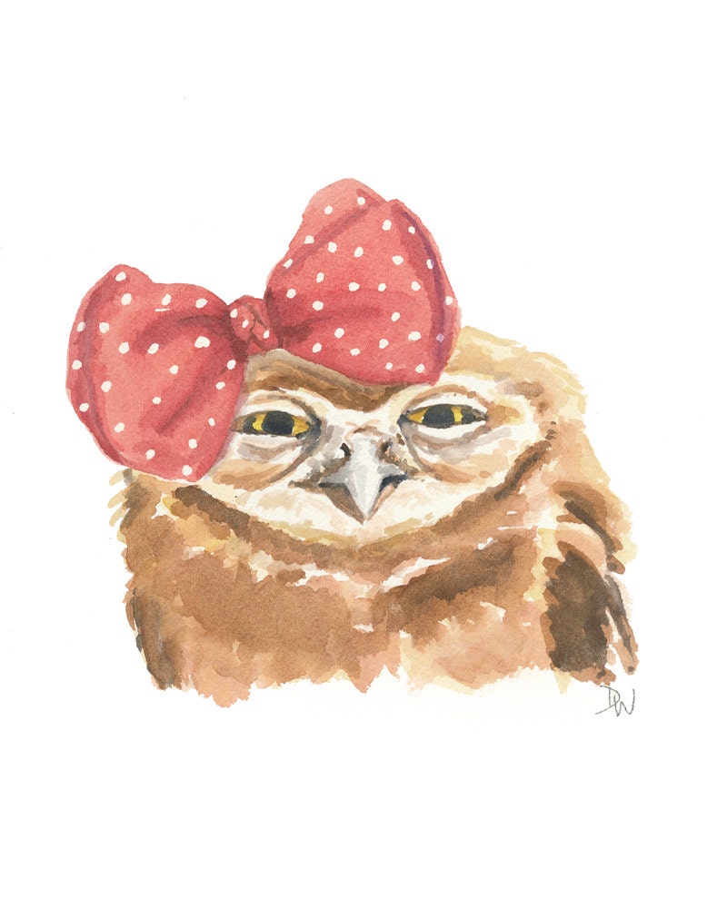 Owl Watercolor, Original Animal Painting, Grumpy Owl, Polka Dots, Red Bow, 8x10