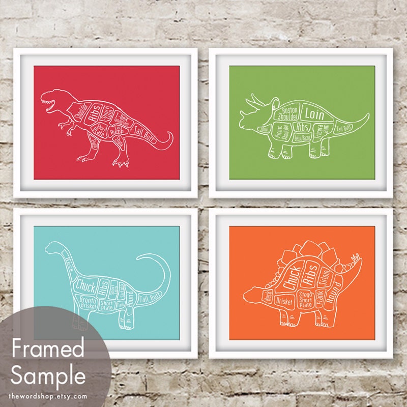 Dinosaur Butcher Diagram Series - Set of 4 8x10 Prints (Featured in Burberry Red, Grass Green, Tiffany Blue and Crimson Orange)