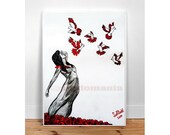 Lonely girl - (Original Art) Black and White, Wall Art, Home Decor, for her, for kids, Fashion Illustration Modern Art , bird drawing